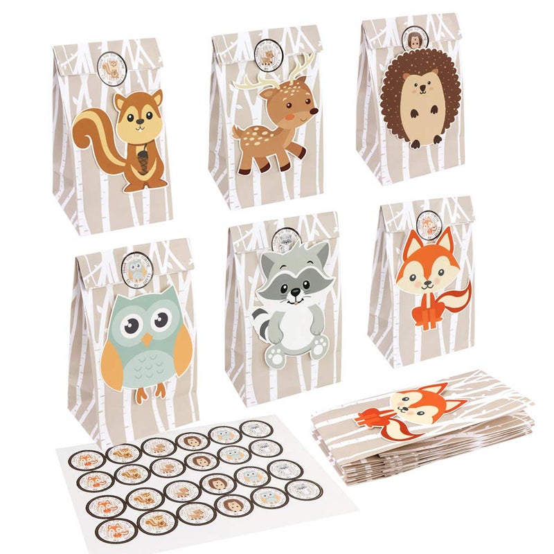 OurWarm 24pcs Woodland Party Favor Bags, 3D Animals Candy Treat Gift Bags with Thank You Stickers for Kids Woodland Animals Theme Baby Shower Birthday Party Decorations Supplies, 6 Styles - Image 1